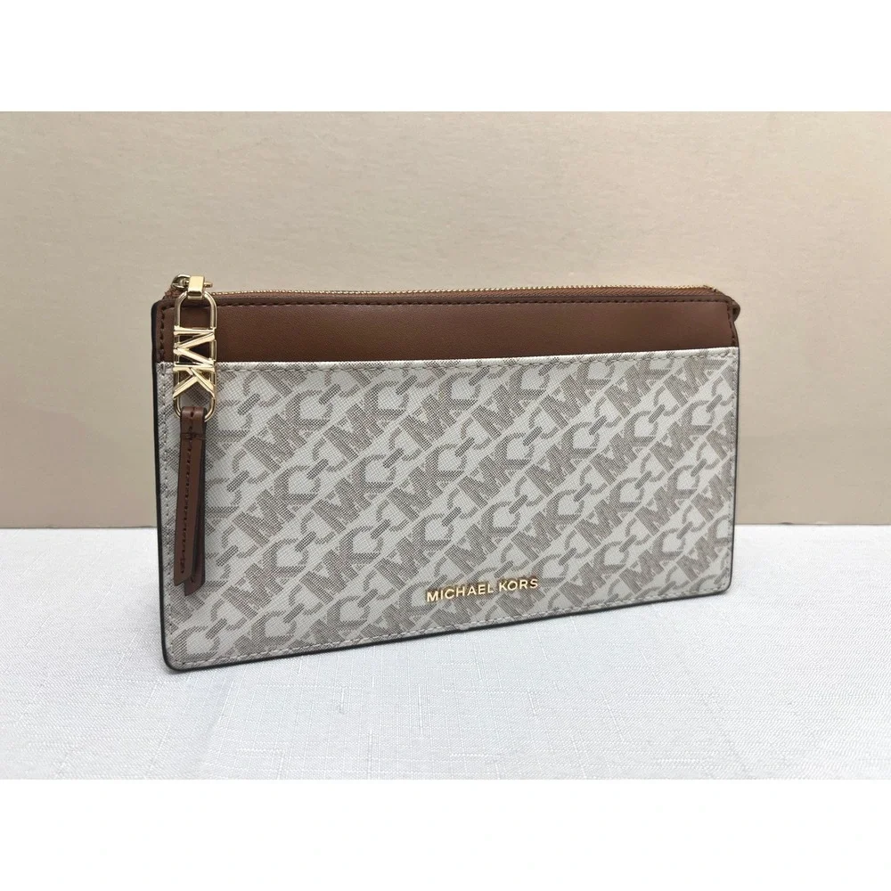 Michael Kors Crossbody Bag Women Small Brown Excellent Logo Print Gold Hardware